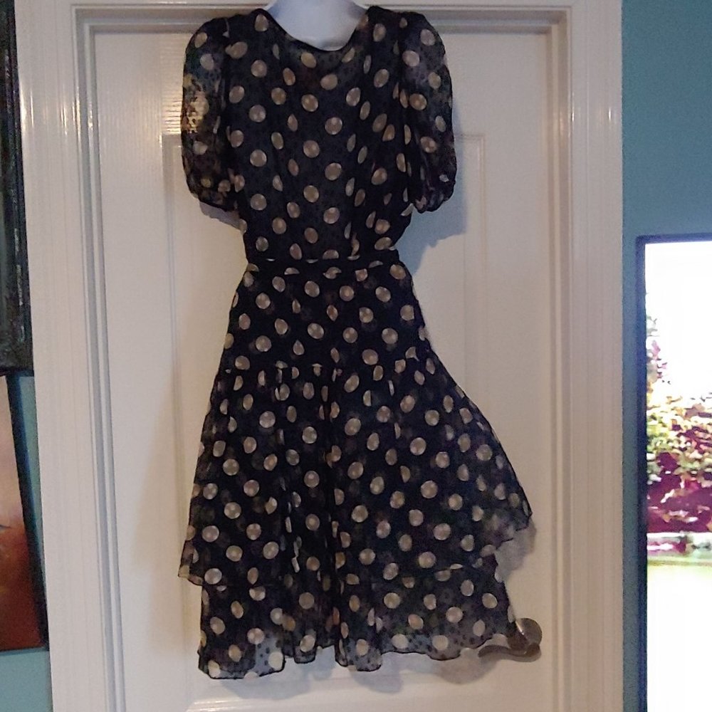 Hanae Mori Vintage 100% Silk Short Sleeve Button Top Tiered Midi Skirt Polka Dot - Picture 14 of 16